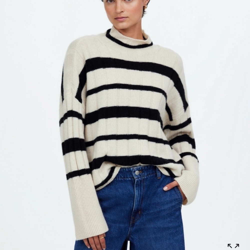 Madewell Ribbed Cashmere-Wool Pullover Sweater Cobalt Blue/Black Stripe Small - Picture 3 of 16